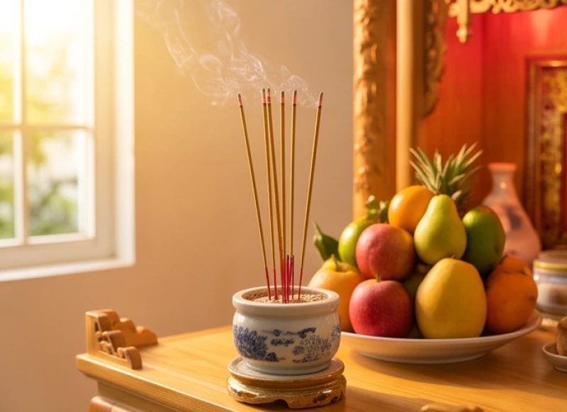Ánh nắng ban mai rọi vào khu vực bàn thờ Thần Tài trong khung giờ hoàng đạo sáng mùng 2 Tết