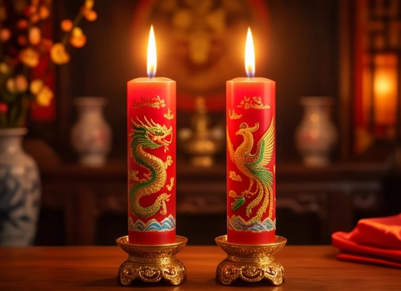Cặp nến long phụng đỏ thắm cháy rực rỡ trên bàn thờ gia tiên ngày hỉ sự trọng đại