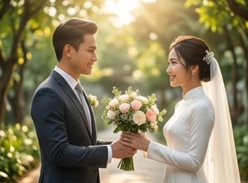 Tuổi Dần cưới ngày nào tốt: cách chọn tháng đại lợi và hóa giải 10 Chú rể diện vest lịch lãm đang trao bó hoa cưới cho cô dâu trong không gian ngập tràn ánh ban mai