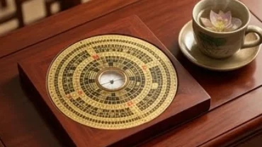Bàn làm việc phong thủy với la bàn la kinh thể hiện giờ hoàng đạo hợp tuổi ngọ