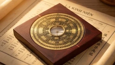 La bàn phong thủy và lịch vạn niên mạ vàng thể hiện giờ hoàng đạo hợp tuổi tý lúc bình minh