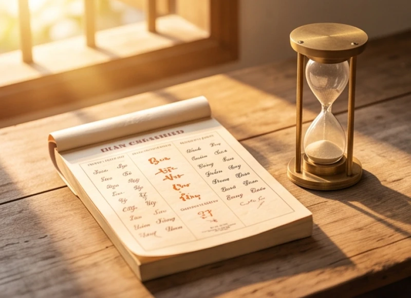 Quyển lịch vạn niên và đồng hồ cát tượng trưng cho việc chọn khung giờ hoàng đạo