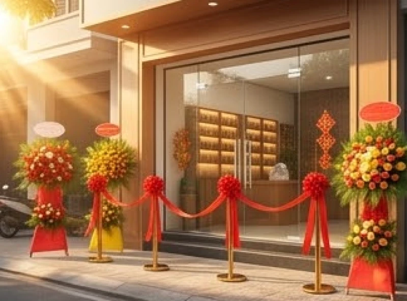 Khung cảnh một cửa hàng khang trang được trang trí ruy băng đỏ trong ngày lễ khai trương