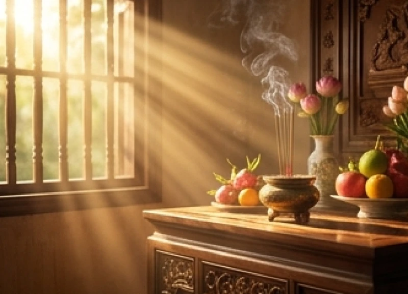 Không gian tĩnh lặng khi thắp hương làm lễ cầu tự vào buổi sáng sớm