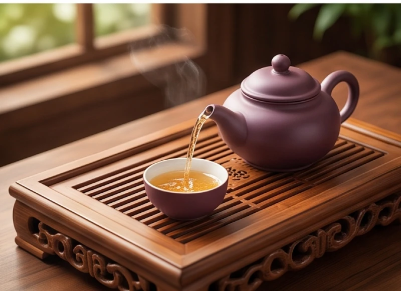 Khay trà bằng gỗ chạm trổ tinh xảo và chiếc ấm tử sa chứa nước trà thanh khiết