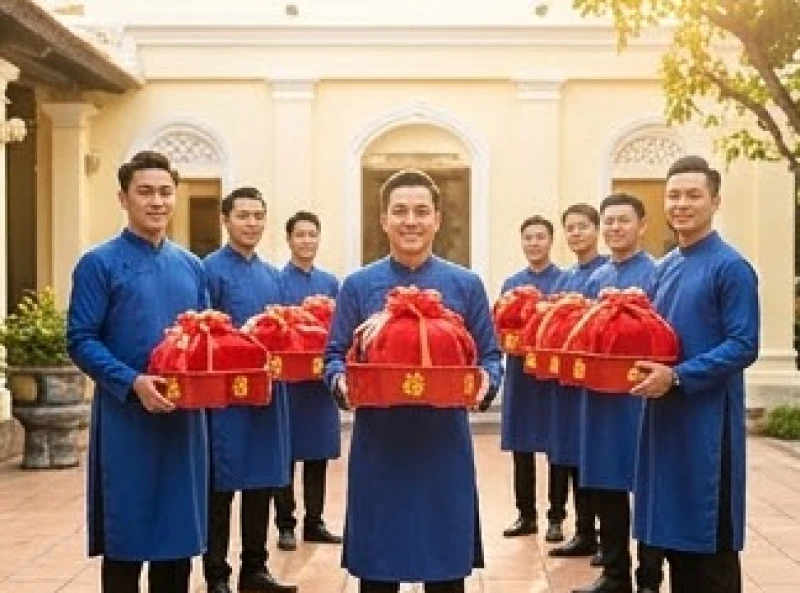 Tuổi Thìn nên cưới vào năm nào: tính tuổi nam nữ và giải hạn 10 Đoàn rước dâu trong trang phục áo dài truyền thống bưng tráp đỏ tiến vào nhà gái một cách trang trọng