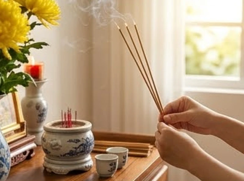 Gia chủ chắp tay thắp hương vào khung giờ hoàng đạo buổi sáng sớm để đón nhận năng lượng bình an