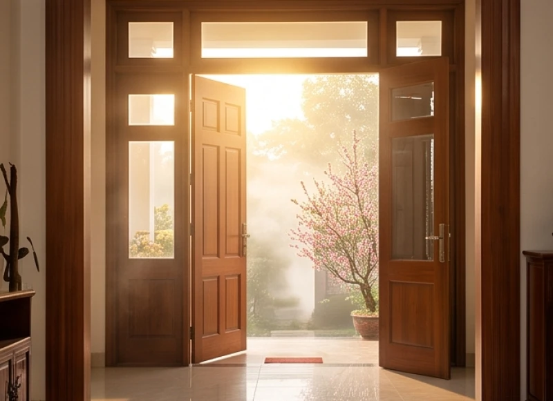 Chủ nhà mở rộng cánh cửa gỗ đón ánh nắng ban mai rực rỡ và luồng gió xuân trong lành