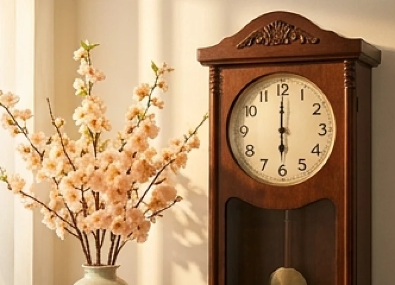 Đồng hồ quả lắc cổ điển chỉ đúng 6 giờ sáng đặt cạnh cành đào phai