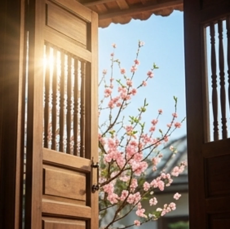 Ánh nắng ban mai rực rỡ chiếu qua khung cửa trong giờ Thìn đầu năm