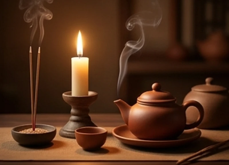 Khung cảnh thanh tịnh với nến và trà tượng trưng cho giờ Hợi bình an của tuổi Mão