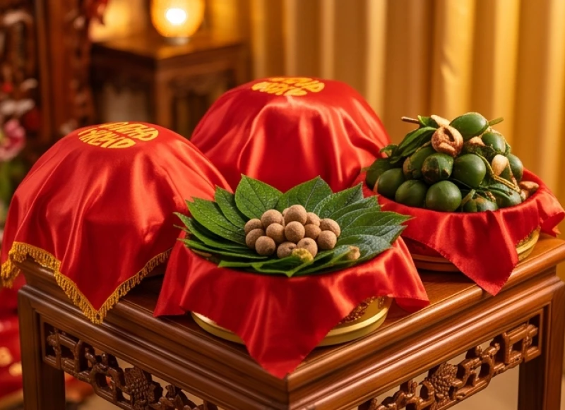 Mâm quả cưới truyền thống với trầu cau màu đỏ rực rỡ mang ý nghĩa hạnh phúc viên mãn trong gia đạo