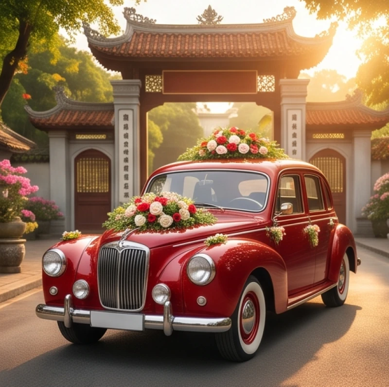 Đoàn xe rước dâu trang hoàng lộng lẫy đang di chuyển vào khung giờ hoàng đạo buổi sáng với ánh nắng chan hòa