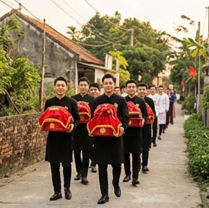 Đoàn rước dâu nhà trai mang theo tráp đỏ sang nhà gái đúng giờ Tam hợp