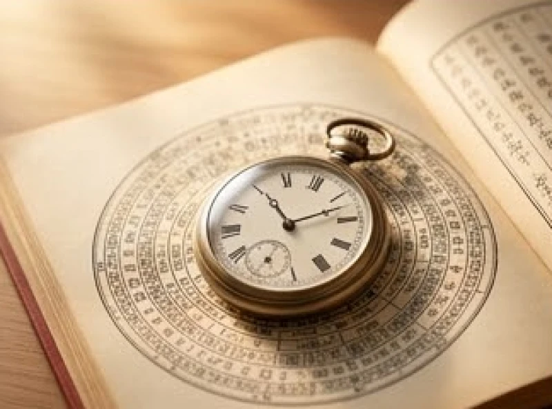 Chiếc đồng hồ quả quýt cổ điển đặt trên cuốn sách tử vi mở rộng dưới ánh sáng bình minh ấm áp