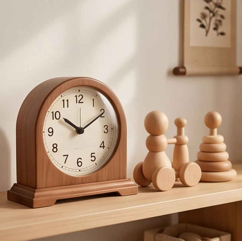 Chiếc đồng hồ cổ điển bằng gỗ đặt cạnh đồ chơi trẻ em, ngụ ý lựa chọn giờ Mùi hoặc giờ Tuất đại cát