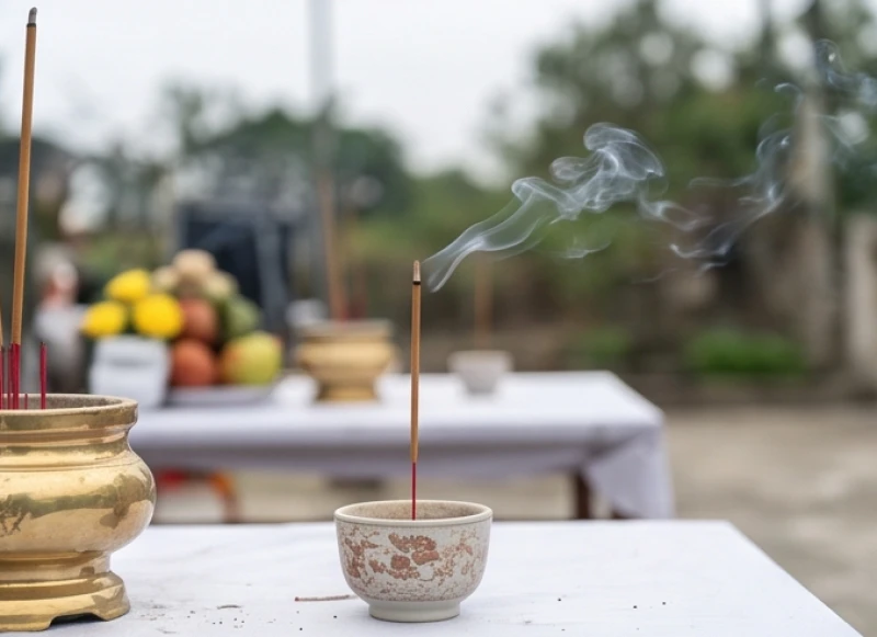 Luồng gió mạnh tạt qua không gian cúng ngoài trời khiến đốm lửa mong manh của nén nhang bị dập tắt