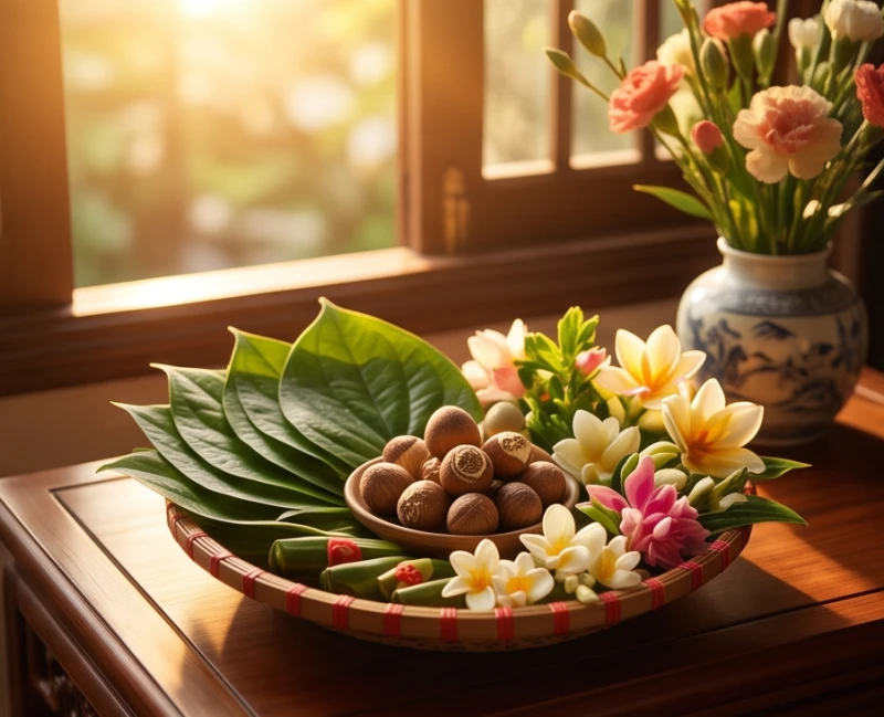 Mâm lễ vật truyền thống chuẩn bị cho giờ thanh long hoàng đạo để cầu may mắn và hỷ sự
