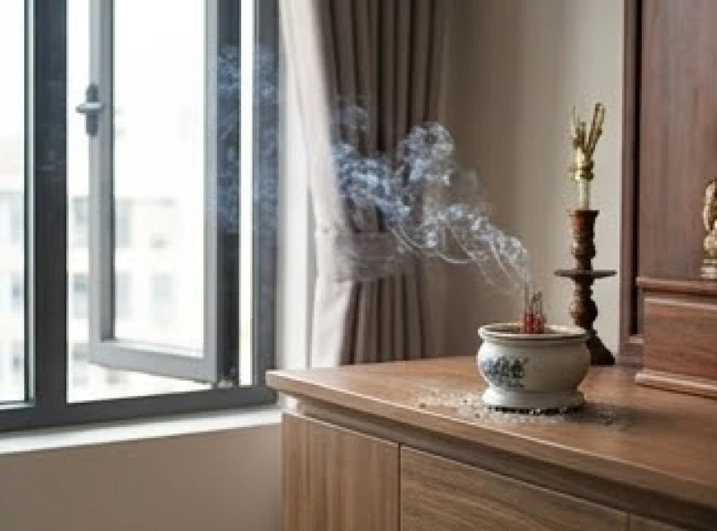 Bát hương rung là điềm gì: Phân biệt nguyên nhân & cách an vị 4 Luồng gió lùa từ cửa sổ thổi tàn nhang bay quanh bát hương đặt trên bàn thờ chung cư cao tầng