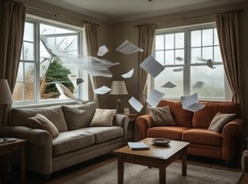 Căn phòng lộn xộn với đồ đạc bị gió lốc thổi tung qua khung cửa sổ vỡ nát