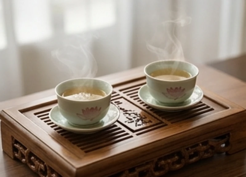 Hai tách trà sen nóng hổi tỏa khói nhẹ nhàng trên bàn trà gỗ chạm khắc tinh xảo