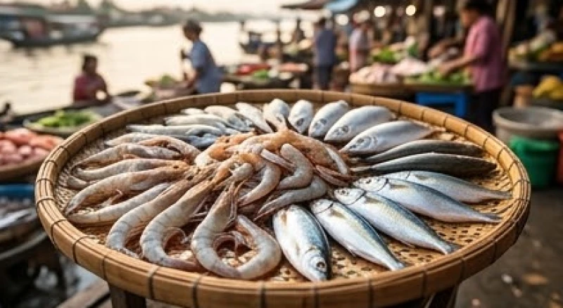 Mẹt tre đựng chung cả tôm và cá tươi sống lấp lánh dưới ánh nắng sớm ở khu chợ ven sông