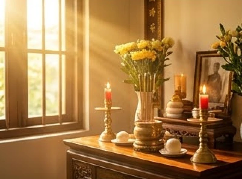Không gian bàn thờ gia tiên bừng sáng dưới ánh nắng ban mai trong khung giờ Tỵ để tiến hành lễ cúng giỗ