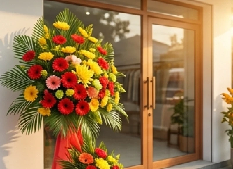 Lẵng hoa khai trương đồng tiền đỏ rực được đặt ở vị trí trung tâm cửa hàng vào buổi sáng