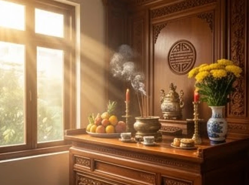 Bàn thờ gia tiên ngập tràn ánh sáng tự nhiên trong khung giờ hoàng đạo