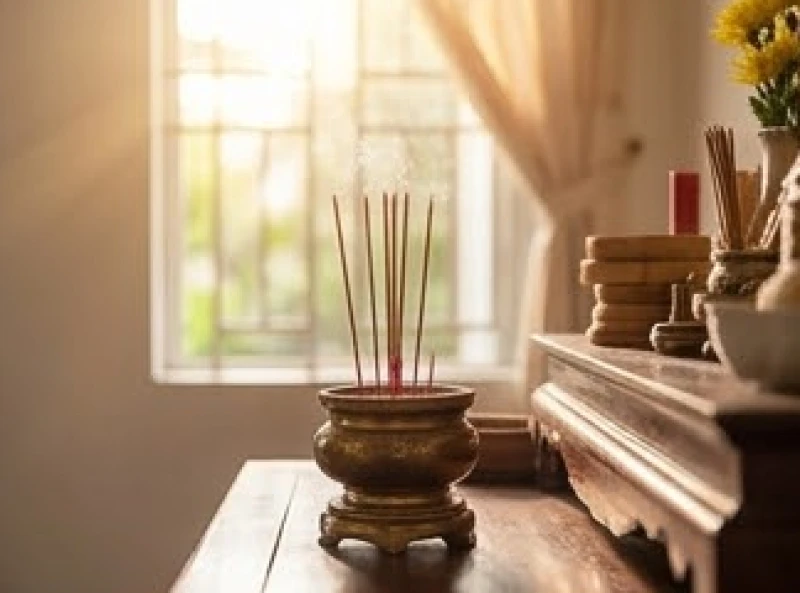 Ánh nắng ban mai chiếu vào ban thờ Tứ Phủ khi gia chủ bắt đầu dâng hương và đọc văn khấn điện thờ tại gia