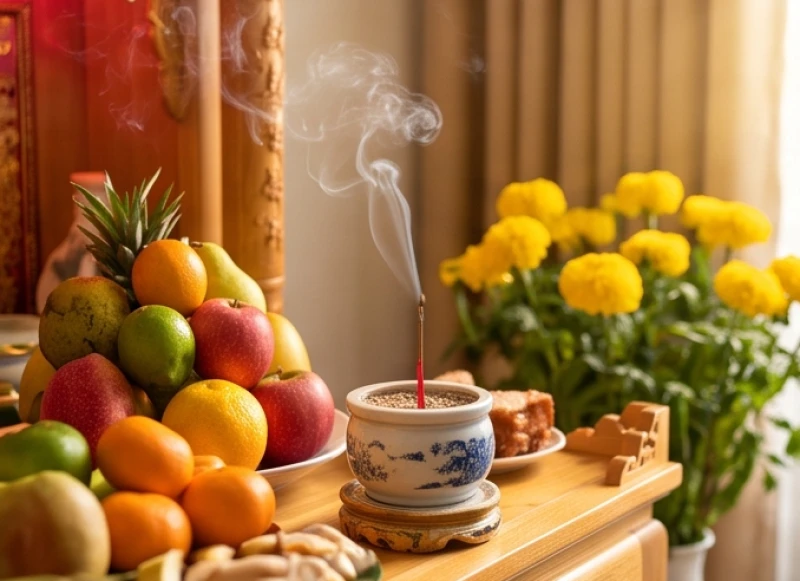 Bát hương Thần Tài Thổ Địa nghi ngút khói trầm vào buổi sáng mang lại cảm giác hanh thông