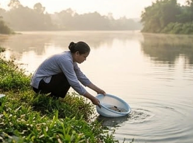 Người đàn ông cẩn thận thả cá xuống hồ nước tĩnh lặng trong ánh nắng sớm ban mai vô cùng mát mẻ