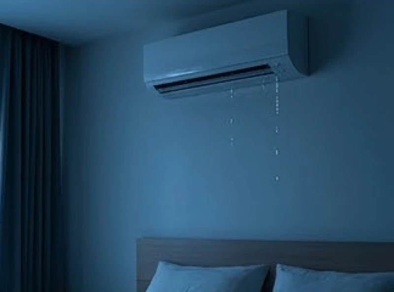 Mơ thấy nhà dột: Giải mã điềm báo, góc nhìn tâm lý & con số 7 Nước từ máy lạnh treo tường rỉ xuống từng giọt nhỏ trong không gian phòng ngủ thiếu sáng