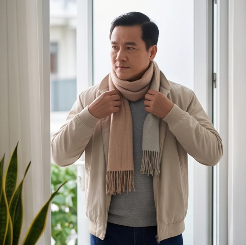 Người đàn ông quàng khăn ấm cẩn thận trước khi ra khỏi nhà vào buổi sáng sớm