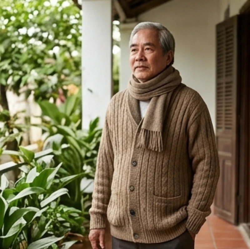 Người cao tuổi mặc áo khoác len dày và quàng khăn ấm áp để bảo vệ hô hấp trong những ngày gió lạnh