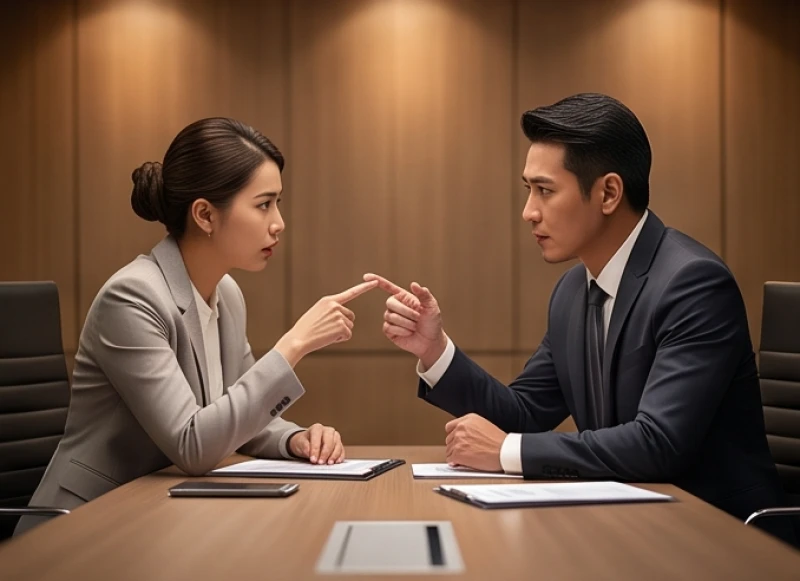 Vận hạn tuổi Thìn năm 2026: Bảng sao nam nữ & vật phẩm giải hạn 5 Hai đồng nghiệp đang trao đổi công việc căng thẳng trong một căn phòng họp hiện đại
