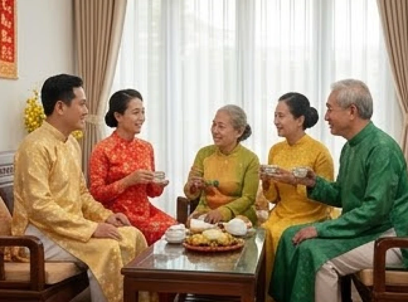 Các thành viên trong gia đình quây quần uống trà, trò chuyện vui vẻ vào sáng mùng 1 Tết để cầu chúc bình an.