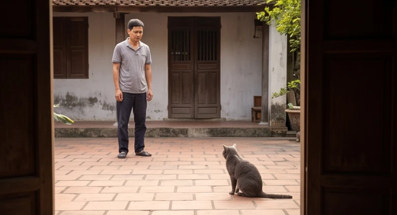 Mèo xám vào nhà là điềm gì: Luận giải hành vi và số tài lộc 6 Một người đang đứng lùi lại phía sau, giữ khoảng cách cẩn trọng với một con mèo hoang xám đang gầm gừ trên sân.