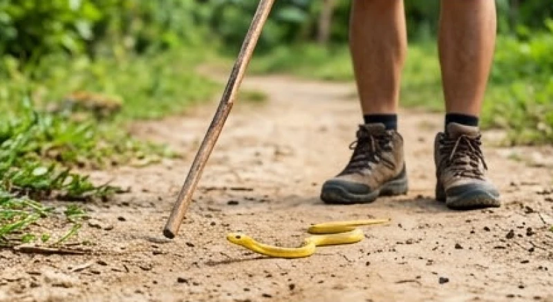 Đi đường gặp rắn vàng là điềm gì: Giải mã phong thủy tài lộc 5 Đứng lùi lại ở khoảng cách an toàn 2 mét và cầm một cây gậy dài gõ xuống mặt đường đất để xua đuổi con rắn