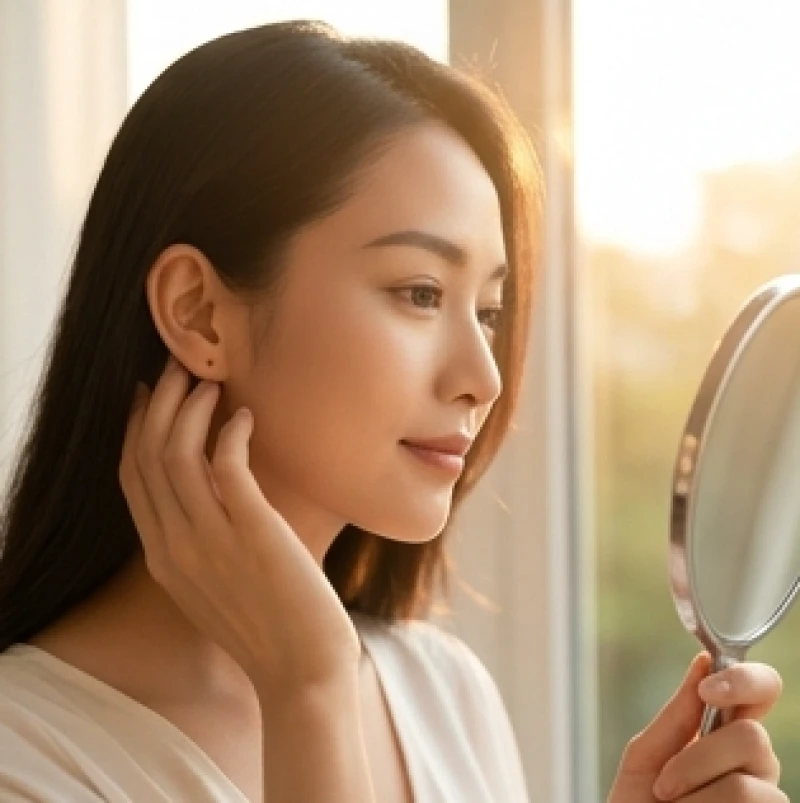 Nốt ruồi ở tai nữ: Giải mã ý nghĩa phong thủy và góc nhìn y khoa 6 Phụ nữ ngắm nhìn nét đẹp tự nhiên của nốt ruồi nhỏ trên tai qua gương trang điểm