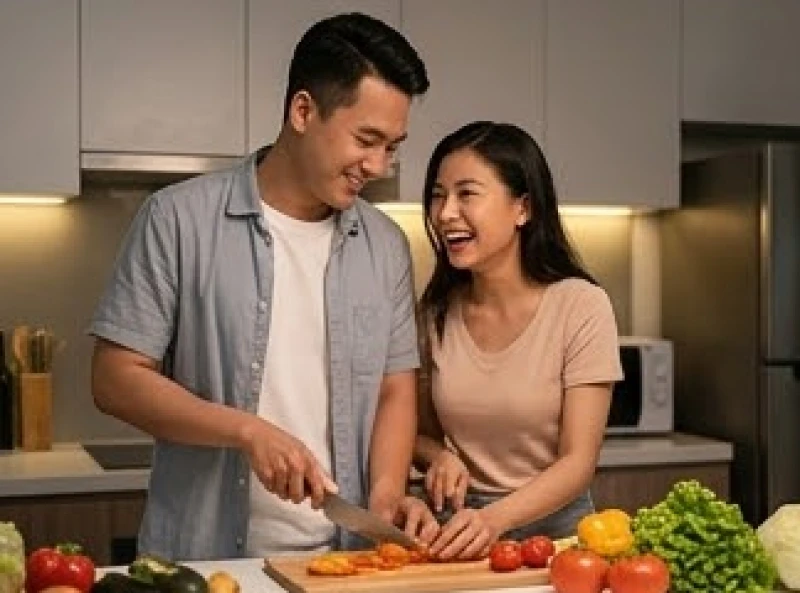 Hai vợ chồng trẻ cùng nhau chuẩn bị bữa tối ấm cúng để duy trì thói quen gắn kết tình cảm hàng ngày