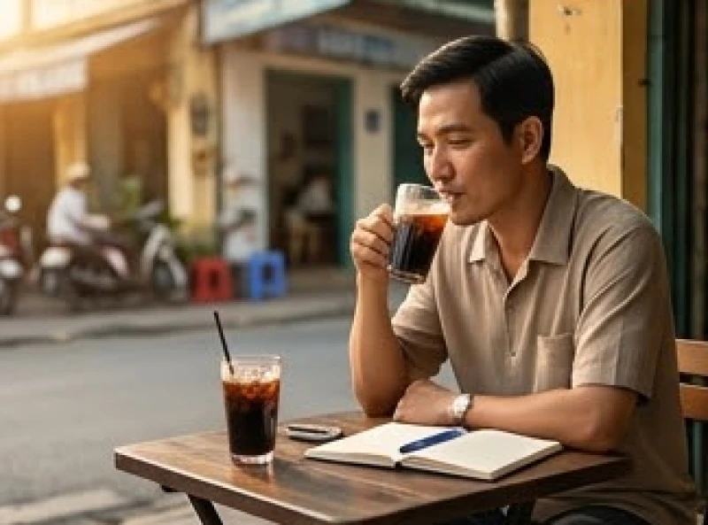 Một người ngồi uống cà phê thư giãn bên cuốn sổ tay, duy trì tâm thế nhẹ nhàng và không quá cuồng tín vào các điềm báo