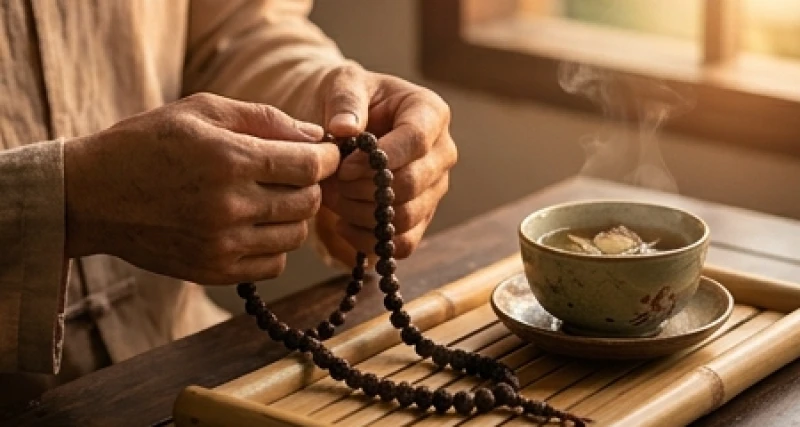 Trực Thái Tuế là gì: Công thức tự tính và cách hóa giải tại gia 8 Đôi bàn tay chắp lại với chuỗi hạt Bồ Đề bên cạnh tách trà sen nóng hổi tỏa hương thơm nhẹ nhàng