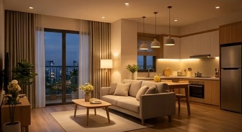 Không gian phòng khách và ban thờ được thắp sáng ấm cúng để duy trì dương khí trong ngôi nhà