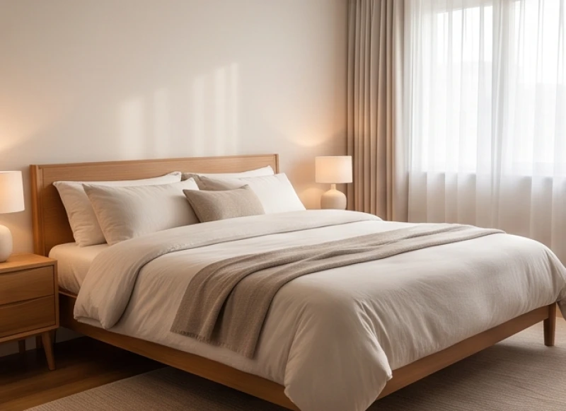 Chiếc giường ngủ êm ái được đặt đúng góc độ phong thủy nhằm tránh vị trí đối diện cửa phòng