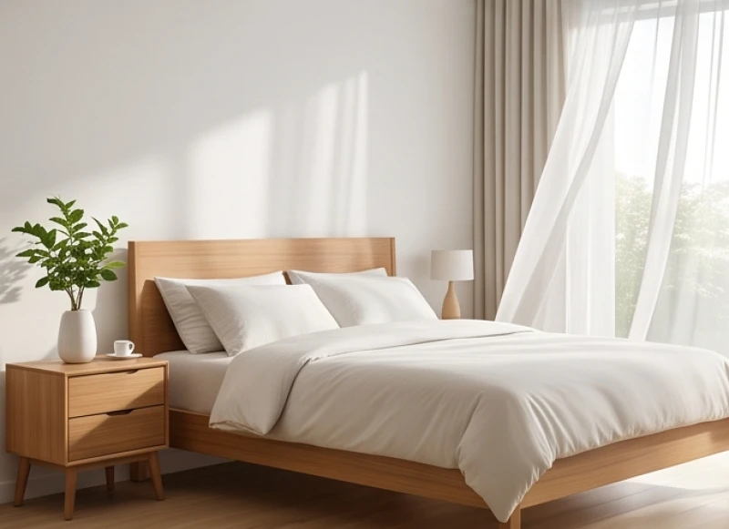 Phòng ngủ ngập tràn sinh khí với cửa sổ mở rộng và cây xanh nhỏ trên bàn táp