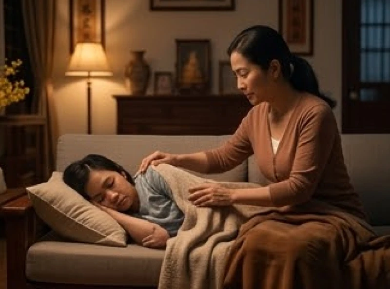 Người phụ nữ Việt Nam ân cần đắp chăn cho người thân đang ngủ gục trên ghế sofa