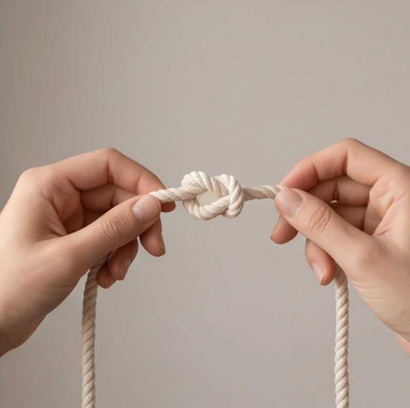 Bàn tay đang nhẹ nhàng gỡ một nút thắt lỏng lẻo trên sợi dây thừng bằng vải mềm