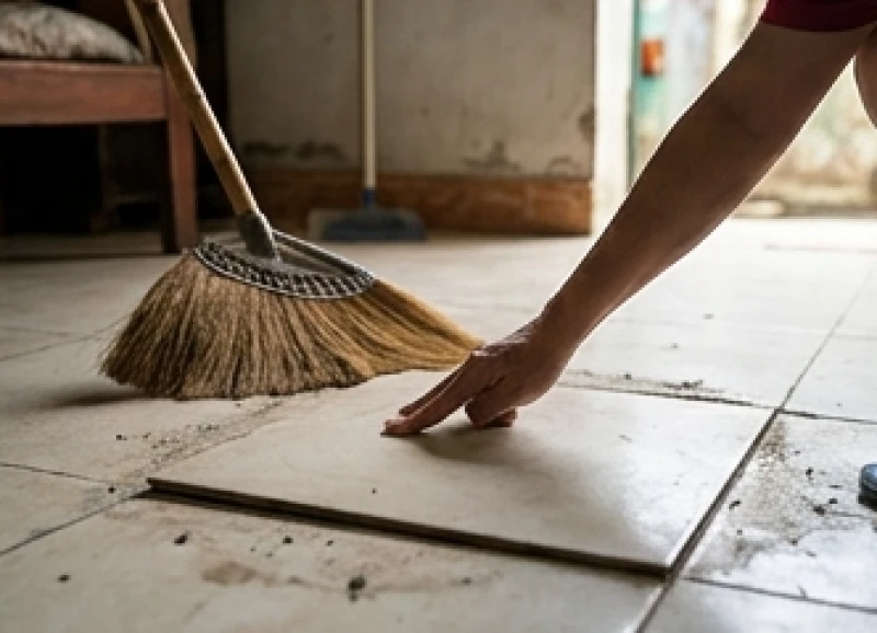 Thao tác dùng cán chổi gỗ gõ nhẹ lên bề mặt gạch để chẩn đoán vùng bị rỗng chân