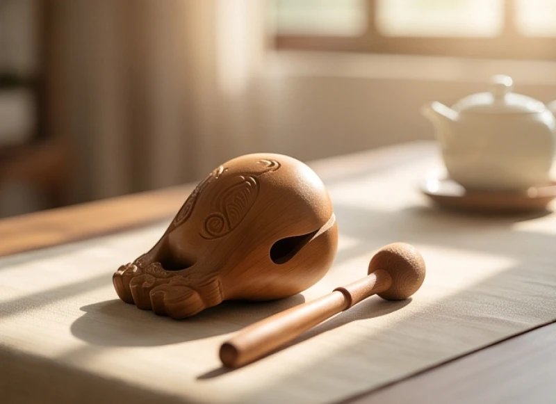 Chiếc mõ gỗ nhỏ và dùi gõ đặt trên bàn trà tĩnh lặng, biểu tượng cho sự tỉnh giác và buông bỏ phiền não